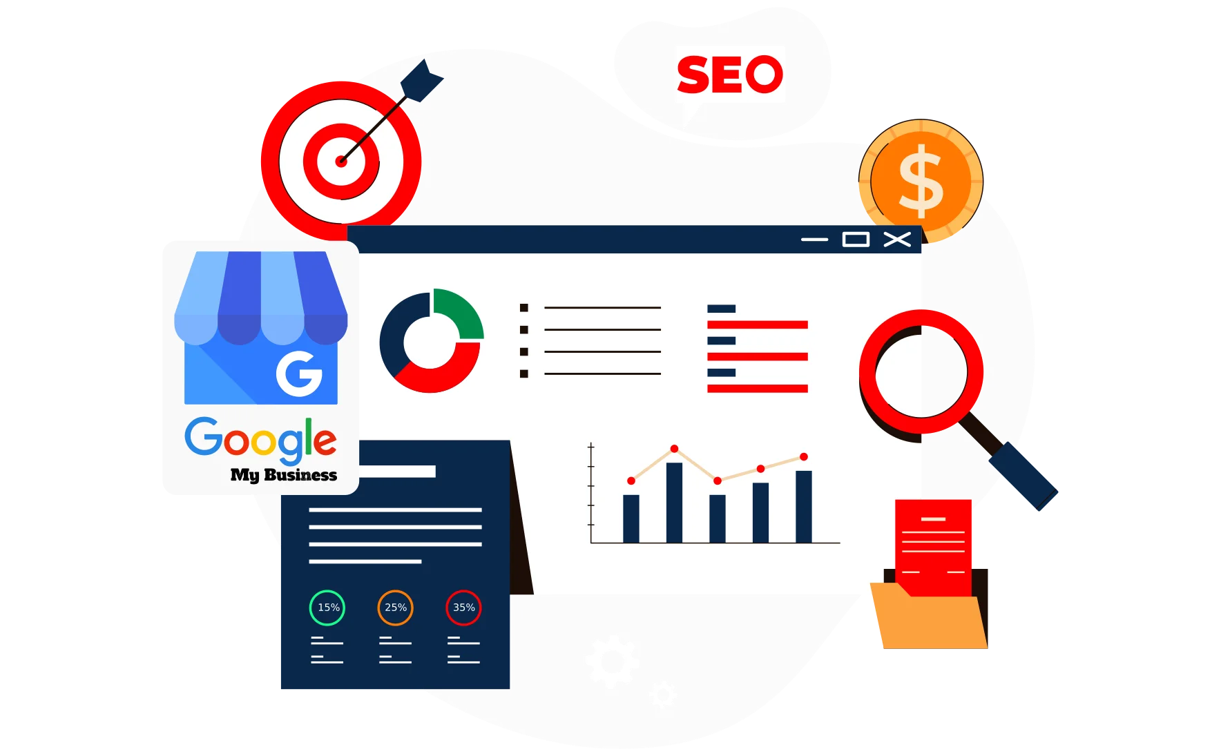 Graphic illustrating seo and digital marketing concepts with icons of targets, charts, google my business, and magnifying glass on a dark background.