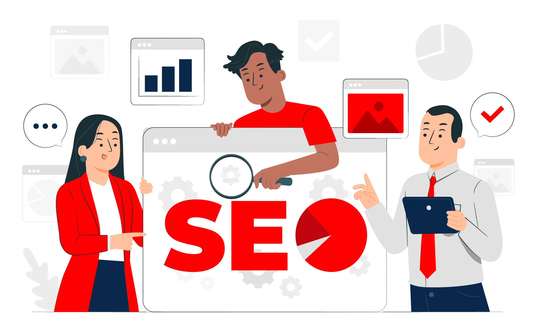 Three professionals discuss seo strategies around a large presentation board with graphics and charts in a modern office setting.