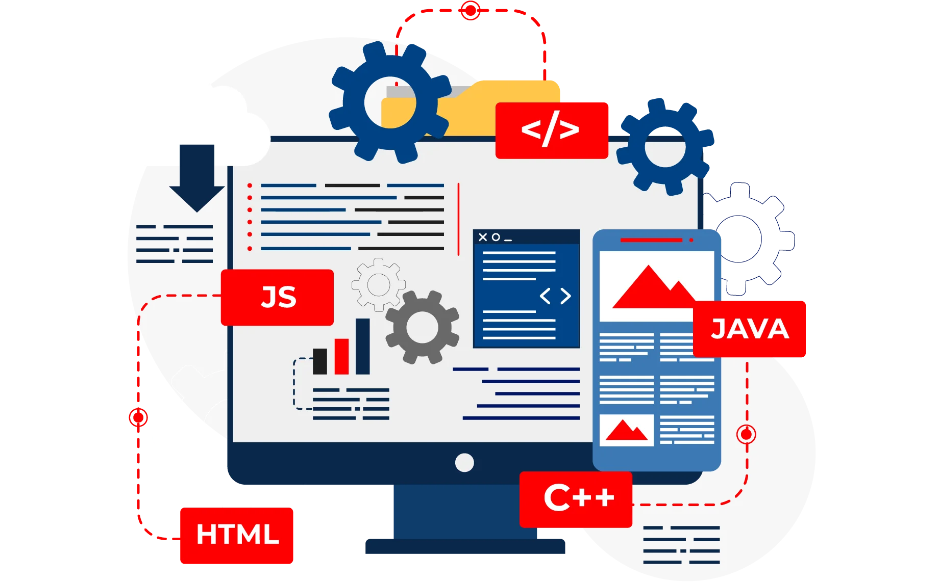 A laptop displaying lines of code with colorful graphs in the background, symbolizing web development process.